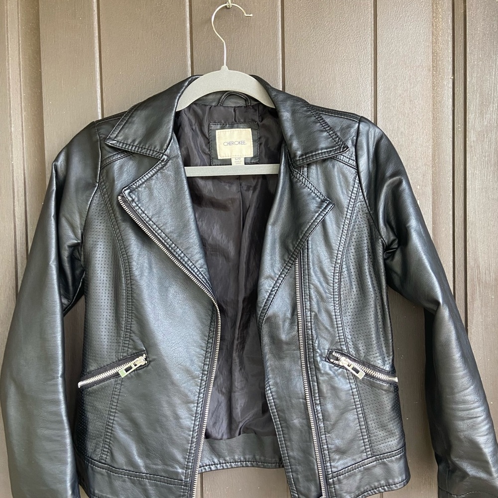 Cherokee Black Leather Moto Jacket with Lapel Collar